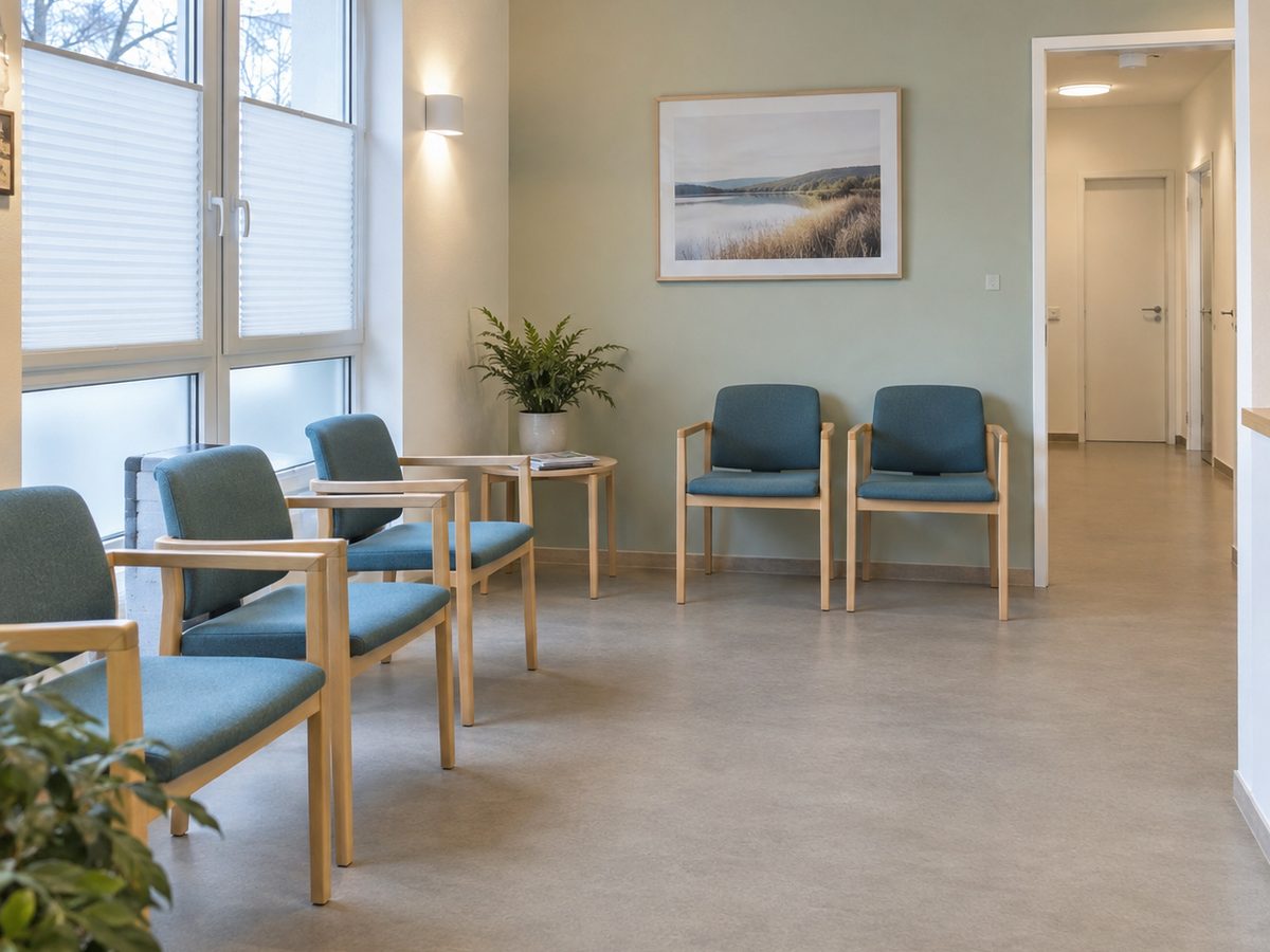 Heller Wartebereich einer Praxis mit fugenlosem Boden, Plissees am Fenster und Stühlen vor salbeigrüner Wand