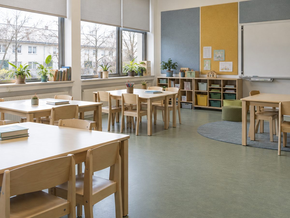 Klassenraum mit grünem Linoleumboden, Verdunkelungsrollos an den Fenstern und farbigen Akustikpaneelen